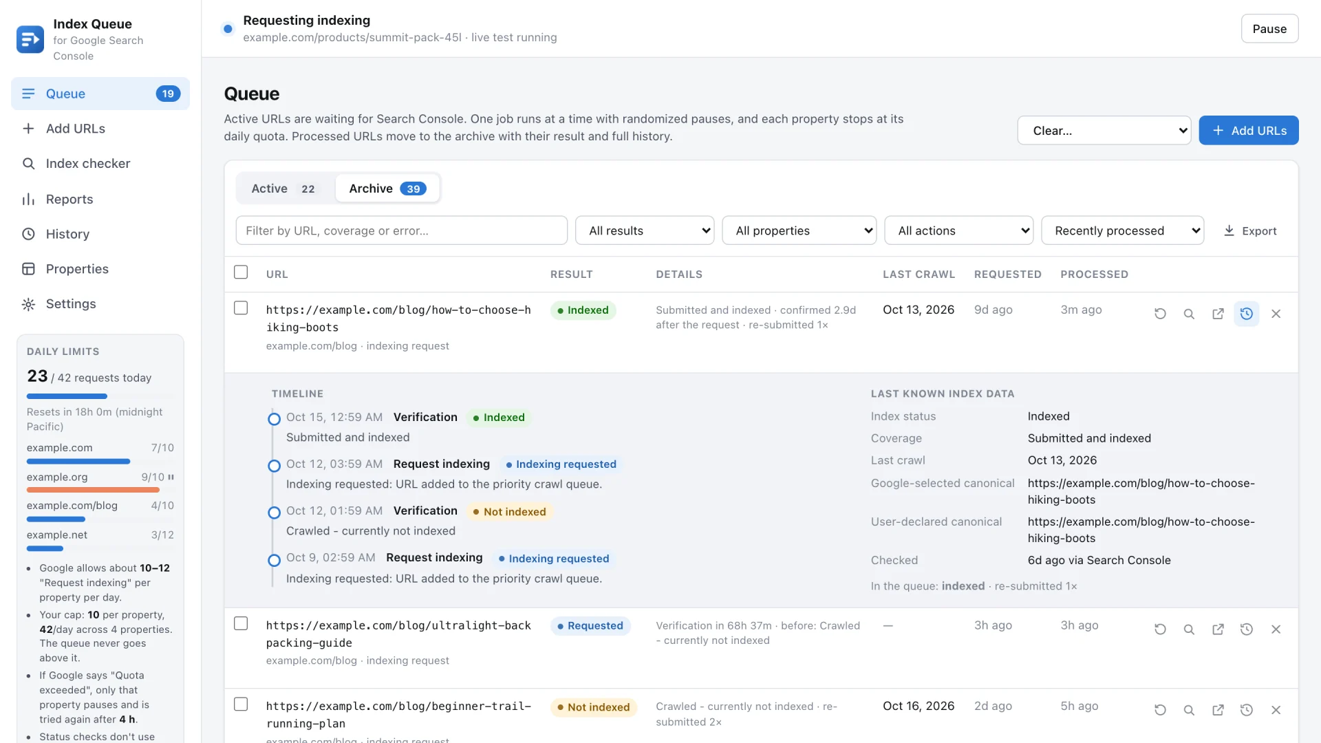 Archive of processed URLs with a timeline: indexing requested, not indexed, re-submitted, then indexed